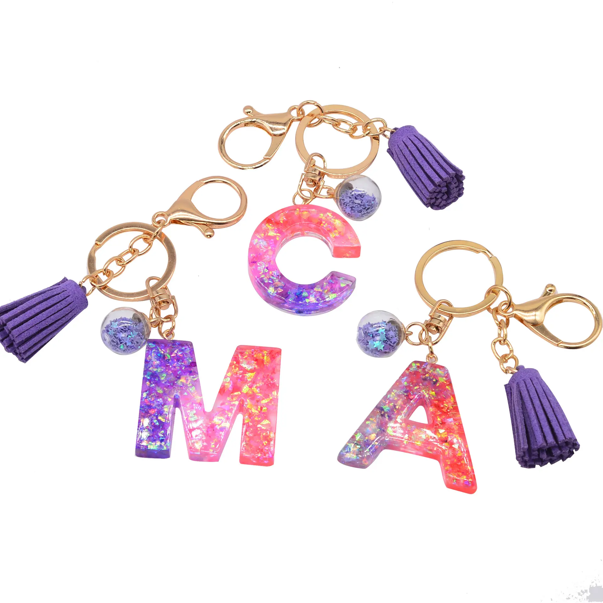 Màu Tím A-Z Bảng Chữ Cái Móc Chìa Khóa Với Tua Thủy Tinh Bóng Nhựa Keychain Cho Ví Túi Xách Trang Trí