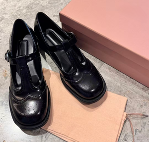 Zapatos Mary Jane de brocado con lunares estilo francés MIU para mujer - cuero genuino, hebilla en forma de T, tacón grueso, zapatos de cuero pequeños - Product Image 4