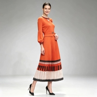 Robe plissée Miyake pour femme grande taille, longueur cheville, à volants, à rayures géométriques, avec ceinture à fleurs 3D, style peplum et manches lanternes