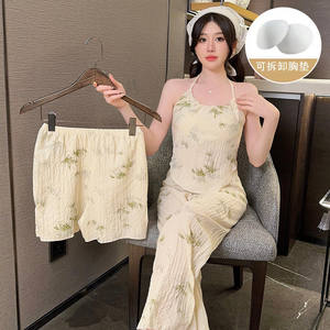 Top fournisseur été 3 pièces pyjamas pour femmes ensemble Sexy rembourré soutien-gorge <span class=keywords><strong>Homo</strong></span> Wear décontracté crêpe coton imprimé vêtements de nuit pour femmes - Product Image 4