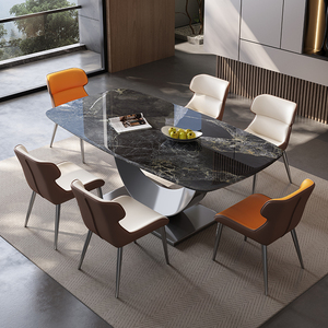 Tavolo da Pranzo Rettangolare Contemporaneo con Piano in Pietra Naturale e Base in Metallo Verniciato a Polvere per Case Moderne - Product Image 3