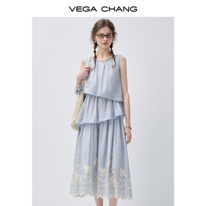 VEGA CHANG Abito Midi a Strati Azzurro per Donne con Scollo Senza Maniche e Orlo con Ricami Floreali, Vestito Casual Boho - Product Image 2