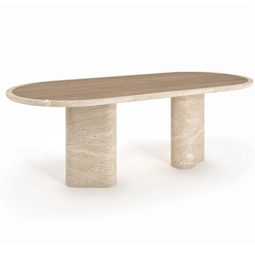 Травертин и деревянная плита обеденный стол