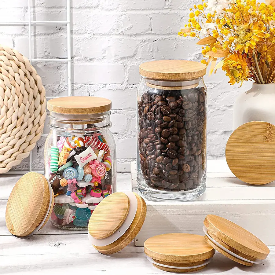 Juego de tapas de bambú y madera, tapa de bambú personalizada para tarros de vidrio, velas, oferta