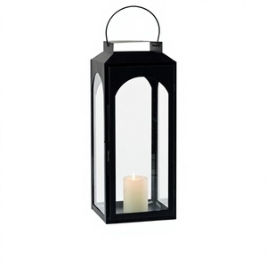 Black Metal and Glass Garden Lantern with <b>Candle</b> <b>Holder</b> for Christmas Decorations <b>Outdoor</b> Holiday Home Decor - Product Image 1