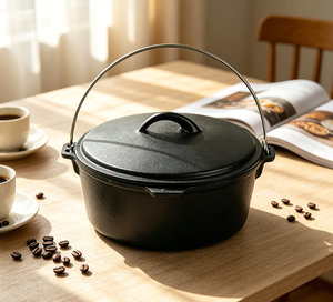 Marmite hollandaise ronde en fonte antiadhésive 10QT <span class=keywords><strong>pour</strong></span> extérieur avec couvercle, personnalisable, vente en gros, compatible <span class=keywords><strong>four</strong></span>, gaz <span class=keywords><strong>et</strong></span> <span class=keywords><strong>induction</strong></span> - Product Image 1