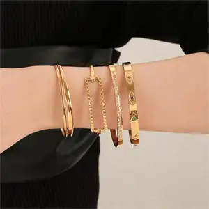 Wholesale 18k Gold Plated Stainless Steel Stacking Bracelet Waterproof Opening CZ Cuff Bangles For Women