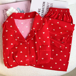Baju tidur kasual motif cinta wanita, baju tidur kasual kerah lipat motif cinta merah lengan panjang seperti katun - Product Image 1