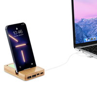 Dispositivos de Carga USB Tipo-C de Bambú Ecológicos, Hub USB Multifunción con Notas Adhesivas y Soporte para Teléfono, Artículos Promocionales