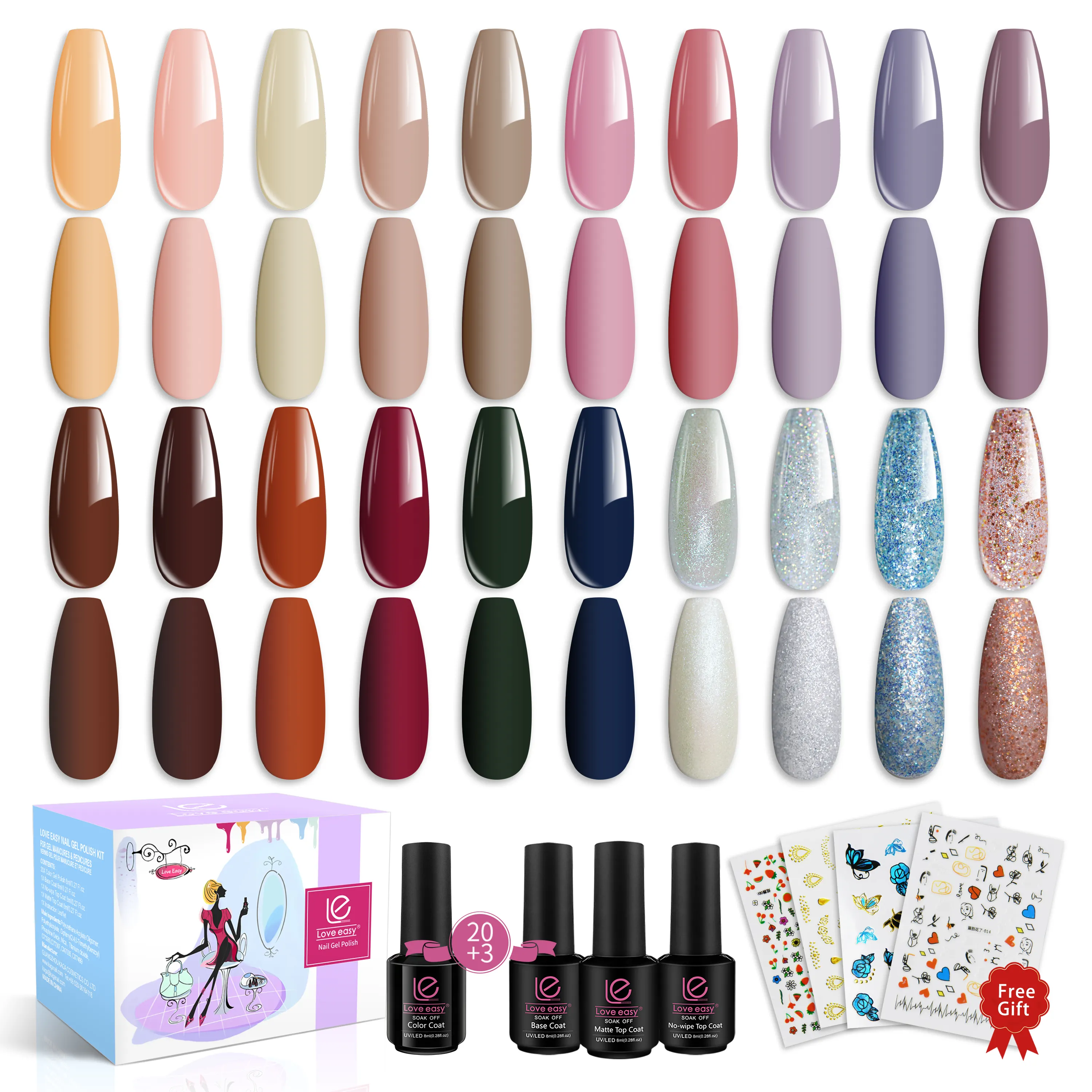 Factory OEM ODM nail polish Free Samples 20 +3 nail art Soak Off LED UV 20 Colors Base Top Coat Nail Gel Polish Set