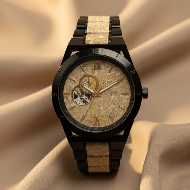 Men Skeleton Watch Stainless Steel Case Natural Stone Dial Marble and Steel Bracelet Business Fashion Waterproof Wristwatch