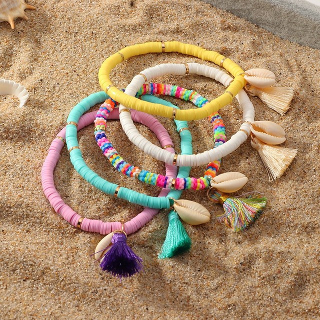 Wholesale Fashion Summer Clay Bead Bracelets Handmade Shell Tassel Charm Polymer Clay Bracelet