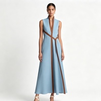 Robe longue en lin sans manches, de qualité standard, avec blocs de couleur, ceinture portefeuille et poches pour femme - Collection Sehe Fashion