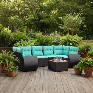 Set Divano da Esterno Moderno in Polyrattan Nero a 7 Posti con Cuscini - Design Contemporaneo - Product Image 2