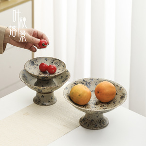 Plat à fruits haut en céramique de style rétro chinois, bol rond en poterie pour table basse de salon, service de desserts et de collations pour fêtes et occasions - Product Image 4