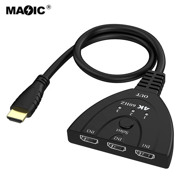 New HDMI Switch 3 Port 4K HDMI Switch 3x1 Switch Splitter with Pigtail Cable Supports Full HD 4K 60hz with Power Supply Cable