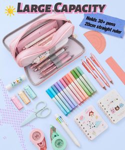 Trousse à crayons en maille mignonne avec 3 grands compartiments, fentes élastiques pour stylos, poches en maille, fermeture à glissière pour filles, garçons, femmes et adolescents - Product Image 2