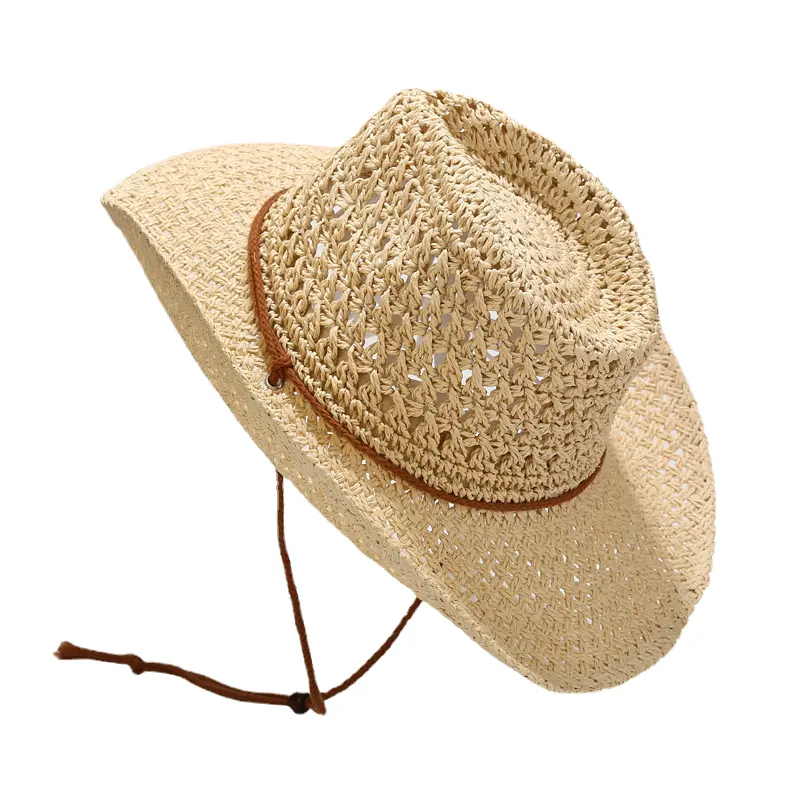 Topi jerami koboi Barat tenun buatan tangan baru dengan topi jerami berongga berongga berongga berongga untuk perjalanan luar ruangan pantai topi matahari kasual