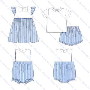 2024 verano Hermanos a juego niños pequeños niños conjuntos de ropa algodón monograma azul Seersucker bebé niño conjunto corto al por mayor