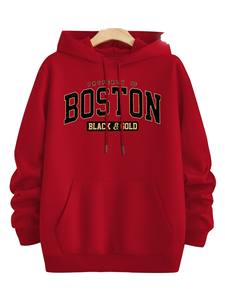Sudadera con Capucha Gráfica Boston para Hombre - Azul Marino con Letras Doradas, Corte Holgado, Informal, Estampada para Otoño, 100% Fibra de Bambú, Cortavientos, Larga - Product Image 1