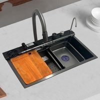 Évier de cuisine intelligent de luxe en acier inoxydable 304, multifonction, moderne, à double bac, avec affichage numérique, style cascade