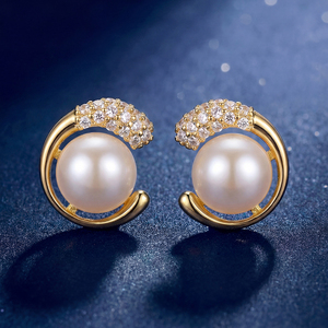 Boucles d'oreilles clous en cuivre plaqué or 18 carats avec spirale, pavé de zircons cubiques et perle rose pour femme, bijoux modernes et chics, cadeau idéal - Product Image 3