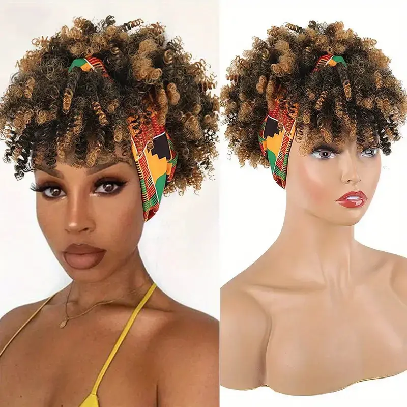 Bando Wig keriting pendek, rambut palsu Afro sintetis tahan panas dengan poni untuk pemula