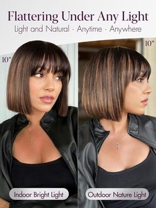 Peluca Bob Lacia Yaki con Flequillo, Cabello Humano, Sin Pegamento, Encaje HD, con Reflejos Marrones, Lista para Usar, Pelucas Cortas, Densidad 180 - Product Image 4