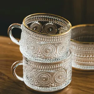Tazze di vetro di caffè trasparente girasole goffrato retrò in stile nordico tazza di latte perlato tè bevanda fredda tazza di succo con linea oro