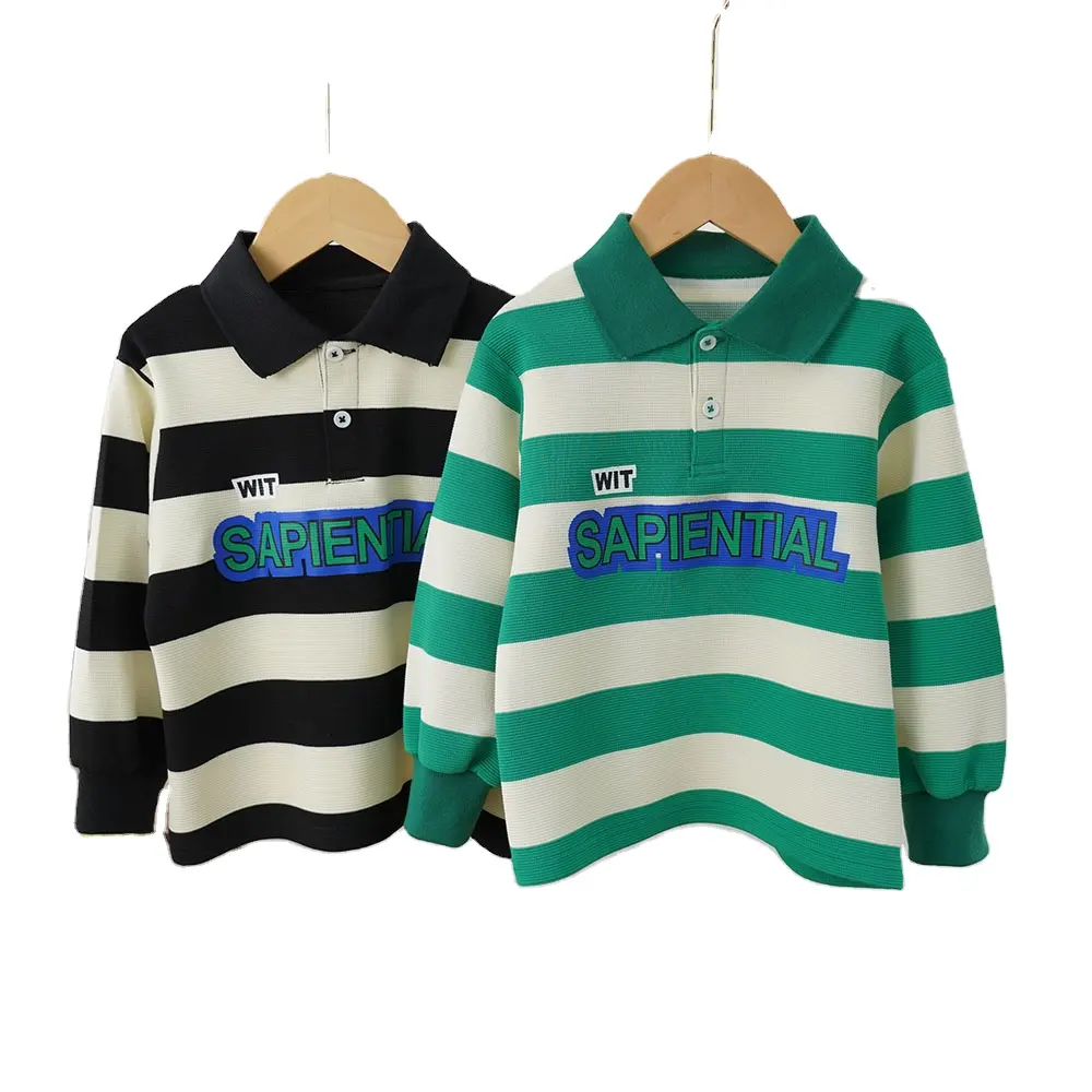 Grosir pakaian anak-anak kaus polo neck lengan panjang kaus olahraga motif garis kaus atasan uniseks laki-laki perempuan harga rendah