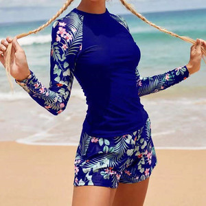 Stylish Raglan Sleeve Floral Two Piece <strong>Swim</strong> Set Flexible Soft Fabric Rash Guard Top <strong>Skort</strong> Bottom for Women - Product Image 5