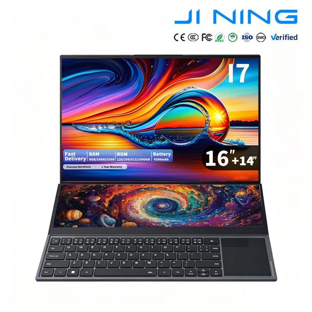New Dual Screen Laptop Intel Core I7 9850H 16+14 Inch Touch 16GB 512GB SSD Plastic Notebook 1920x1200 English Keyboard Business