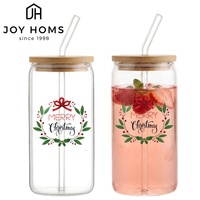 Gobelets en verre avec couvercles en bambou et pailles, motif décalcomanie, 16oz 18oz 20oz, en forme de canette, pour bière, café glacé et autres boissons