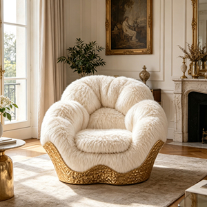 <span class=keywords><strong>Fauteuil</strong></span> lounge individuel de luxe en <span class=keywords><strong>fourrure</strong></span> <span class=keywords><strong>blanche</strong></span> moelleuse, base en fibre de verre texturée dorée, <span class=keywords><strong>fauteuil</strong></span> d'appoint en forme de nuage pour salon - Product Image 3