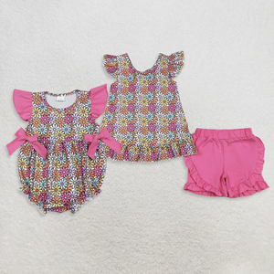 Ensembles d'été pour bébés filles et enfants : hauts à volants motif ferme et fleurs, shorts à carreaux - Product Image 2