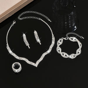 Oferta Caliente al por Mayor: Lujoso Set de Joyería de Compromiso con Zirconia, que incluye Pendientes, Anillo, Pulsera Trenzada y Collar en Forma de V para Mujer, de Latón sin Plomo - Product Image 4