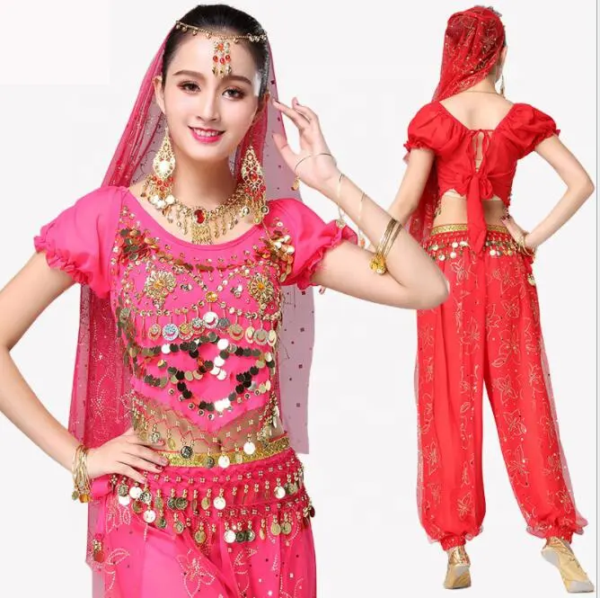 Set di costumi di pantaloni Harem di prestazione di danza di Bollywood indiano di colore dorato lucido