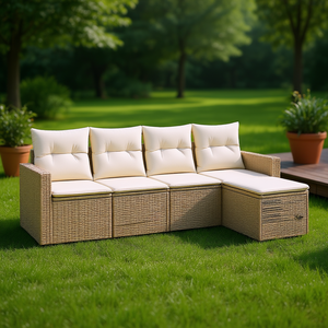 ชุดโซฟาหวายสีเบจสำหรับสวน เฟอร์นิเจอร์กลางแจ้ง ดีไซน์ร่วมสมัย กันน้ำ พร้อมเบาะโฟมความหนาแน่นสูง - Product Image 2