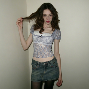 Camiseta de Dos Piezas con Encaje y Estampado Digital Estilo Veraniego para Chicas, con Detalle Transparente - Product Image 5