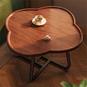 Table basse moderne en bois en forme de trèfle à quatre feuilles avec rangement, table d'appoint pour salon, petit appartement, chambre ou balcon - Product Image 1