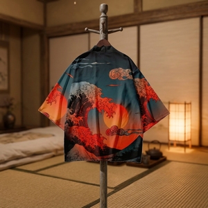 Kimono traditionnel pour hommes et femmes, <span class=keywords><strong>Yukata</strong></span>, imprimé vagues de Kanagawa et soleil rouge, cardigan japonais, cosplay, Haori, vêtements de samouraï, cape - Product Image 5