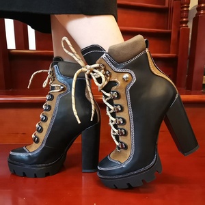 High Top Color Block PU Upper Platform Round Toe Women Ankle Boots Fashion Lace up Chunky High Heel Short <b>Booties</b> for Ladies - Product Image 1
