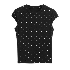 Camiseta <span class=keywords><strong>de</strong></span> Verano para Mujer, Estilo Coreano, <span class=keywords><strong>de</strong></span> Algodón con Estampado <span class=keywords><strong>de</strong></span> Lunares, Cuello Redondo, Manga Corta, Color Sólido Personalizable - Product Image 4