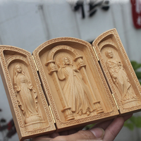Boîte à icônes religieuses pliable en trois parties en bois de hêtre naturel, sculptée en 3D (Jésus, Vierge, Saint), portable, pour la prière catholique, décoration de table, vente en gros