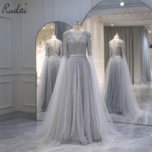 Ruolai LWC8135 A-line uzun kollu tekne boyun abiye boncuk kanat balo kıyafetleri ile - Product Image 1