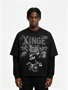 Men's Gothic Skull <b>Star</b> Graphic Oversized T-Shirt Vintage Layered Sleeve Streetwear men's cotton t-shirt - Product Image 3