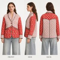 Manteau d'hiver pour femme, coupe-vent, épais, imprimé floral, tissé, matelassé, en polyester, avec logo, manches longues, fermeture à boutons