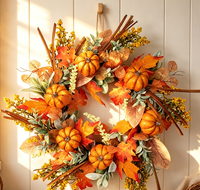Couronne d'automne en feuilles d'érable et citrouilles - Décoration de porte durable, faite à la main, moderne pour Thanksgiving et Noël