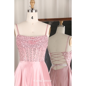 Abito da sera Aline in raso lucido rosa spalline sottili regolabili moderno lungo abito da sposa madre formale con spacco sinistro - Product Image 5