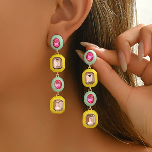 Fashionable Geometric Drop <b>Earrings</b> With Pink And Clear Stones For Party Wear Stainless Steel Ear <b>Posts</b> EH5001 - Product Image 1